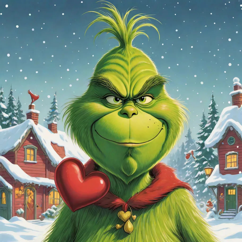 a grin face holding a heart in a snowy scene with a house and trees in the background and snow falling on the ground, a character portrait, Ernest William Christmas, furry art, official art