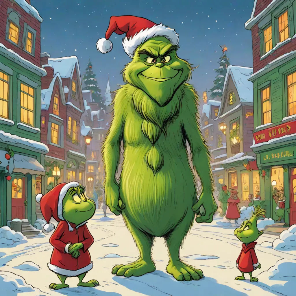 a cartoon of a grin and a little girl in a santa hat standing in the snow in front of a christmas town, a digital rendering, Ernest William Christmas, sots art, official art