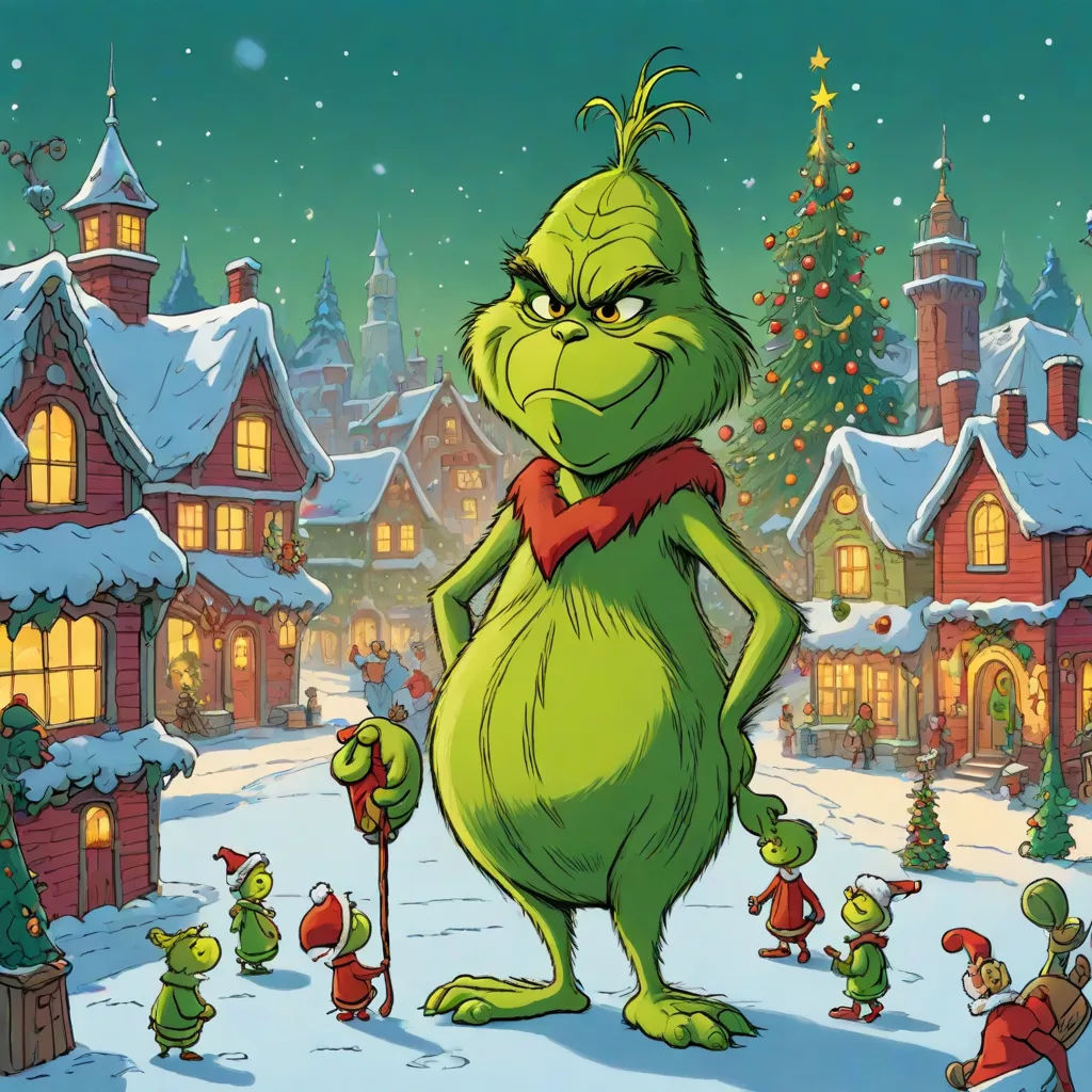 a grin face is standing in front of a christmas village with elves and elves around it, and a christmas tree, a digital rendering, Ernest William Christmas, excessivism, official art