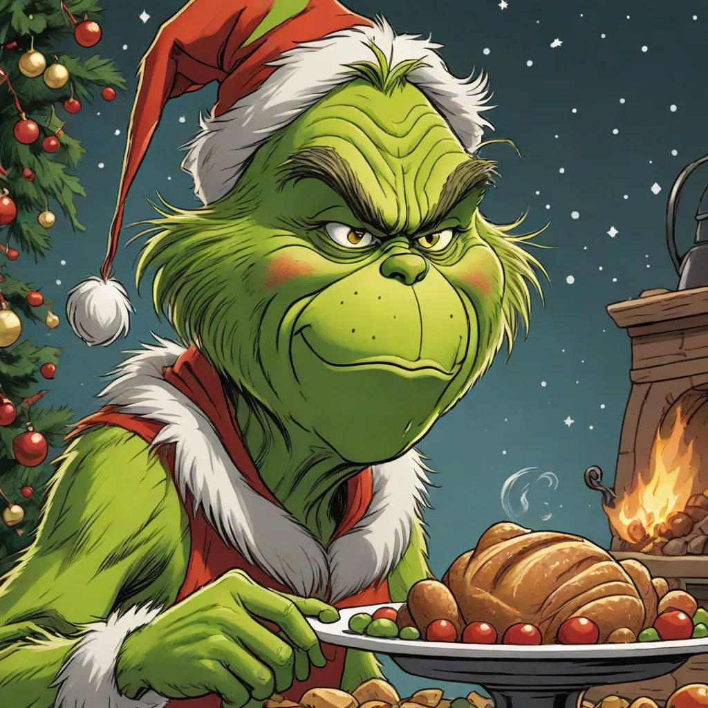 a griny grin is looking at a plate of food with a christmas tree in the background and a fireplace in the background, a digital rendering, Ernest William Christmas, excessivism, official art