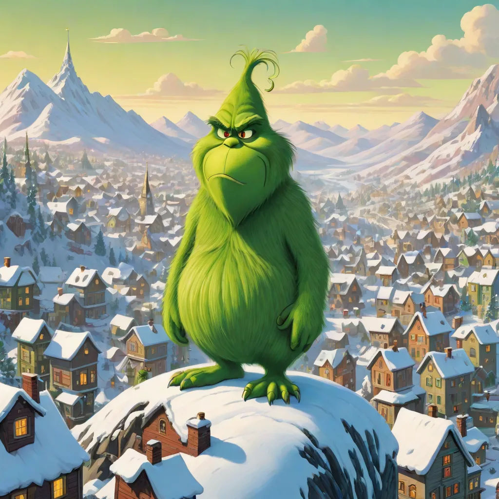 a painting of a green monster standing on a snowy hill with a town in the background and mountains in the distance, a detailed matte painting, Ernest William Christmas, sots art, official art