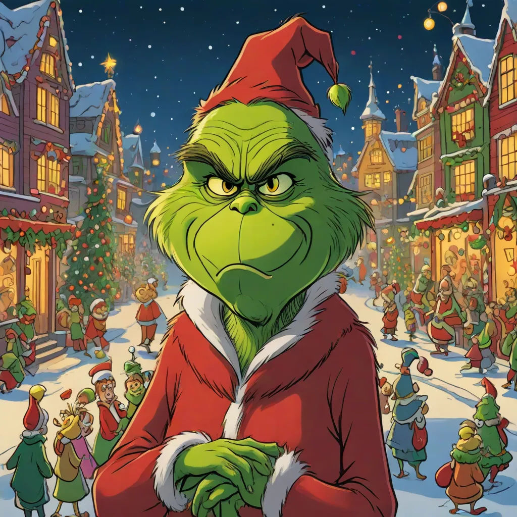 a grin face in a santa suit standing in front of a christmas town with people dressed in santa hats, a character portrait, Ernest William Christmas, excessivism, promotional image