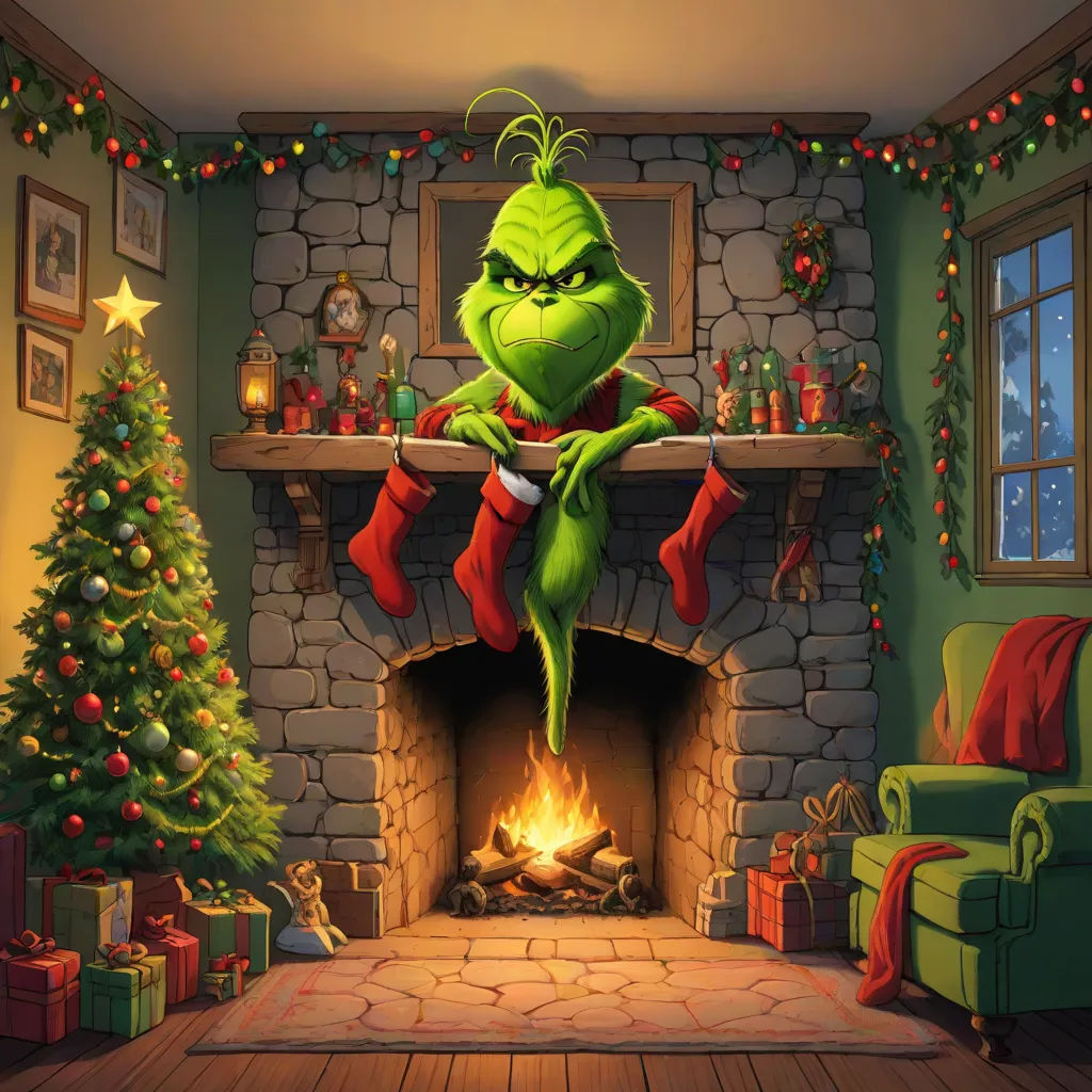 a cartoon character is sitting in front of a fireplace with stockings on it and a christmas tree in the corner, a digital rendering, Ernest William Christmas, photorealism, vfx