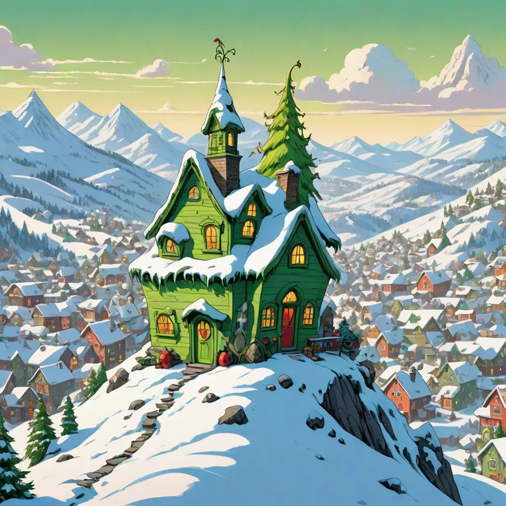 a painting of a green house on a snowy hill with a town in the background and mountains in the distance, a detailed matte painting, Cliff Childs, american scene painting, official art