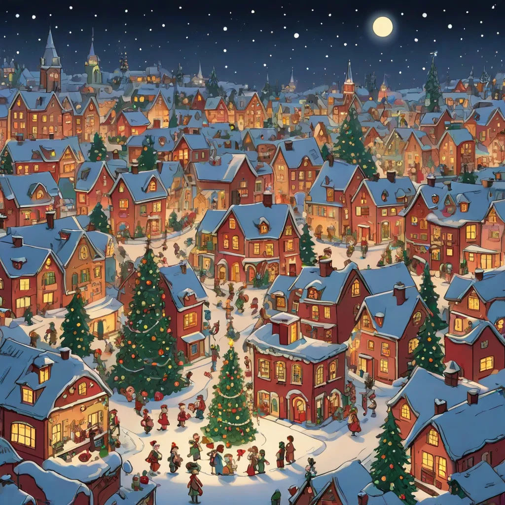 a christmas village with a lot of houses and trees in the snow at night with a full moon in the sky, a detailed matte painting, Evgeny Lushpin, naive art, kinkade