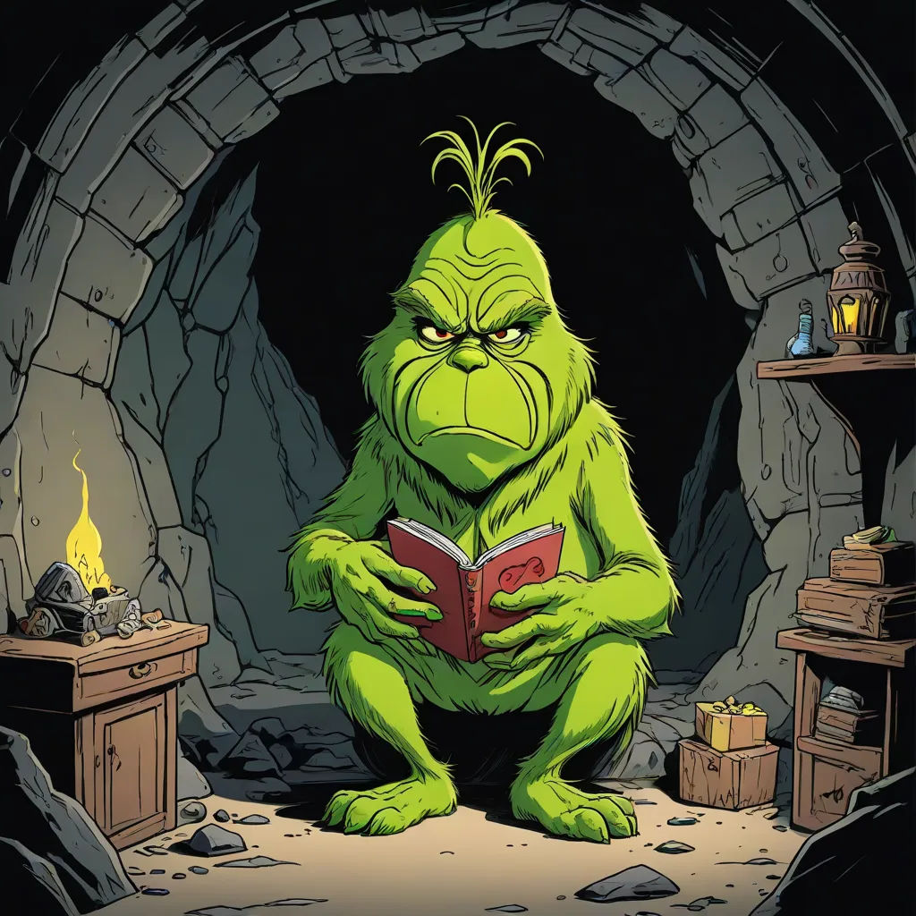 a cartoon of a green monster reading a book in a cave with a fire place in the background and a fireplace, a character portrait, Cliff Childs, cynical realism, official art