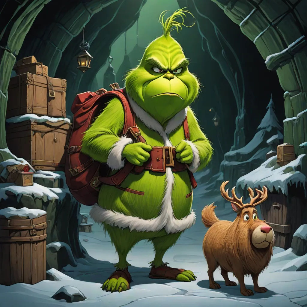 a cartoon character with a backpack and a deer in a snowy cave with a lantern on the ceiling and a lantern on the ground, concept art, Ernest William Christmas, sots art, official art