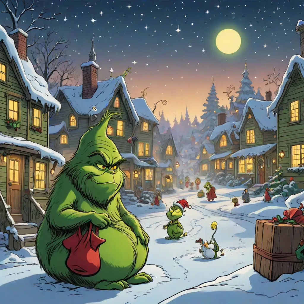 a cartoon of a christmas scene with a grin and a person in a sleigh in the snow, a digital rendering, Ernest William Christmas, fantasy art, promotional image