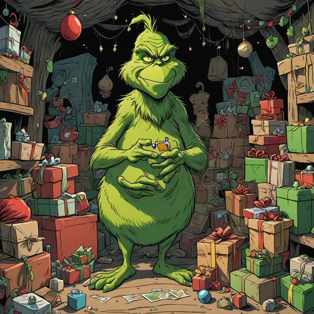 a green grin holding a card in a room full of presents and presents on the floor and a christmas tree, a storybook illustration, Ernest William Christmas, postminimalism, official art