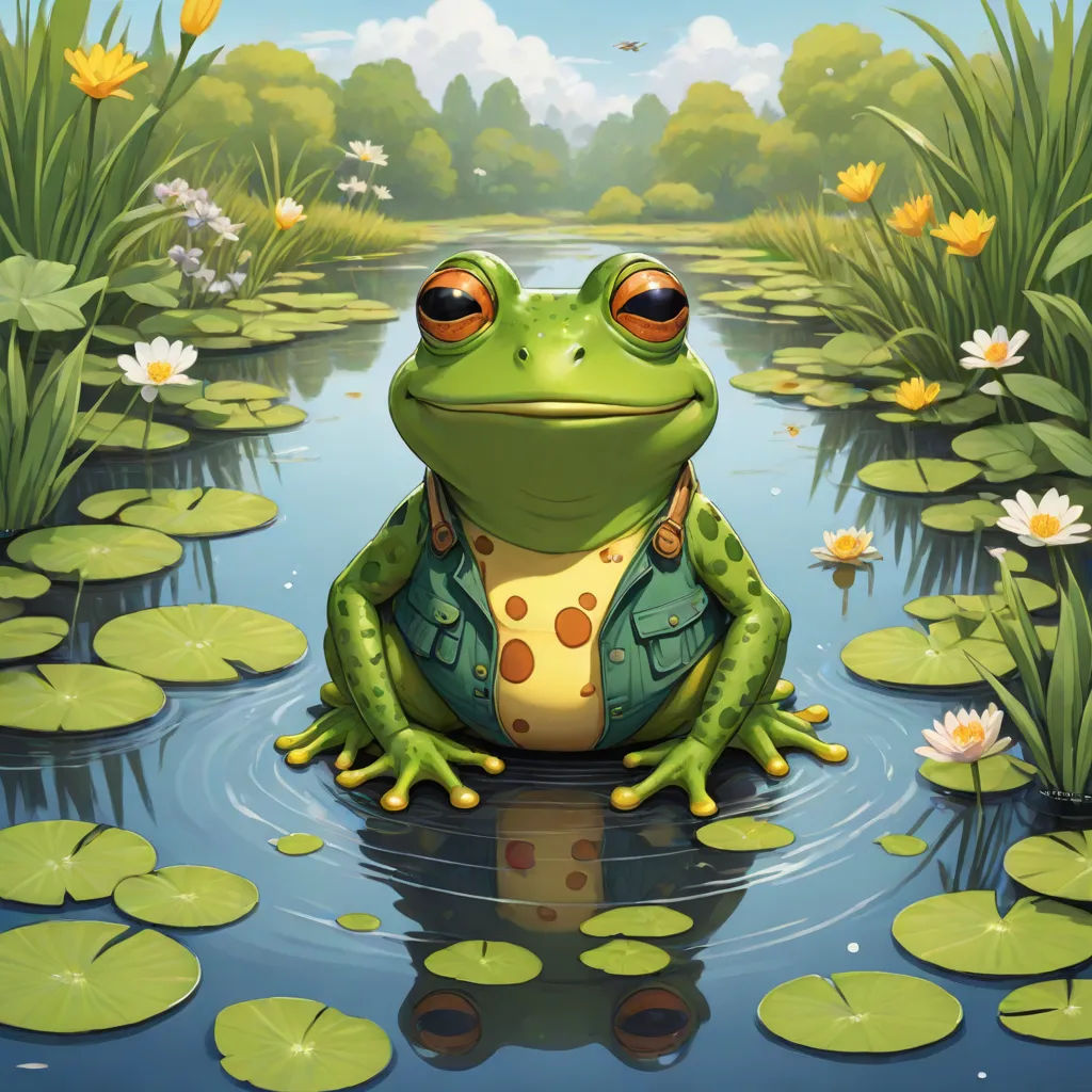 a frog sitting on a lily pad in a pond with lily pads around it and a sky background with clouds and flowers, Chris LaBrooy, fantasy art, a storybook illustration, highly detailed digital painting