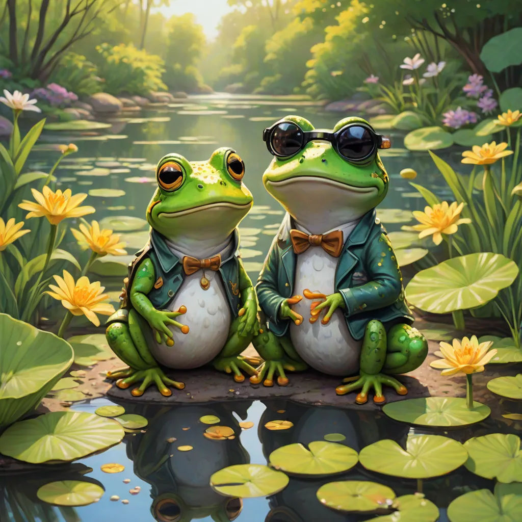 two frogs sitting on a rock in a pond with lily pads and a pond of water lillies in the background, Chris LaBrooy, fantasy art, a fine art painting, highly detailed digital painting