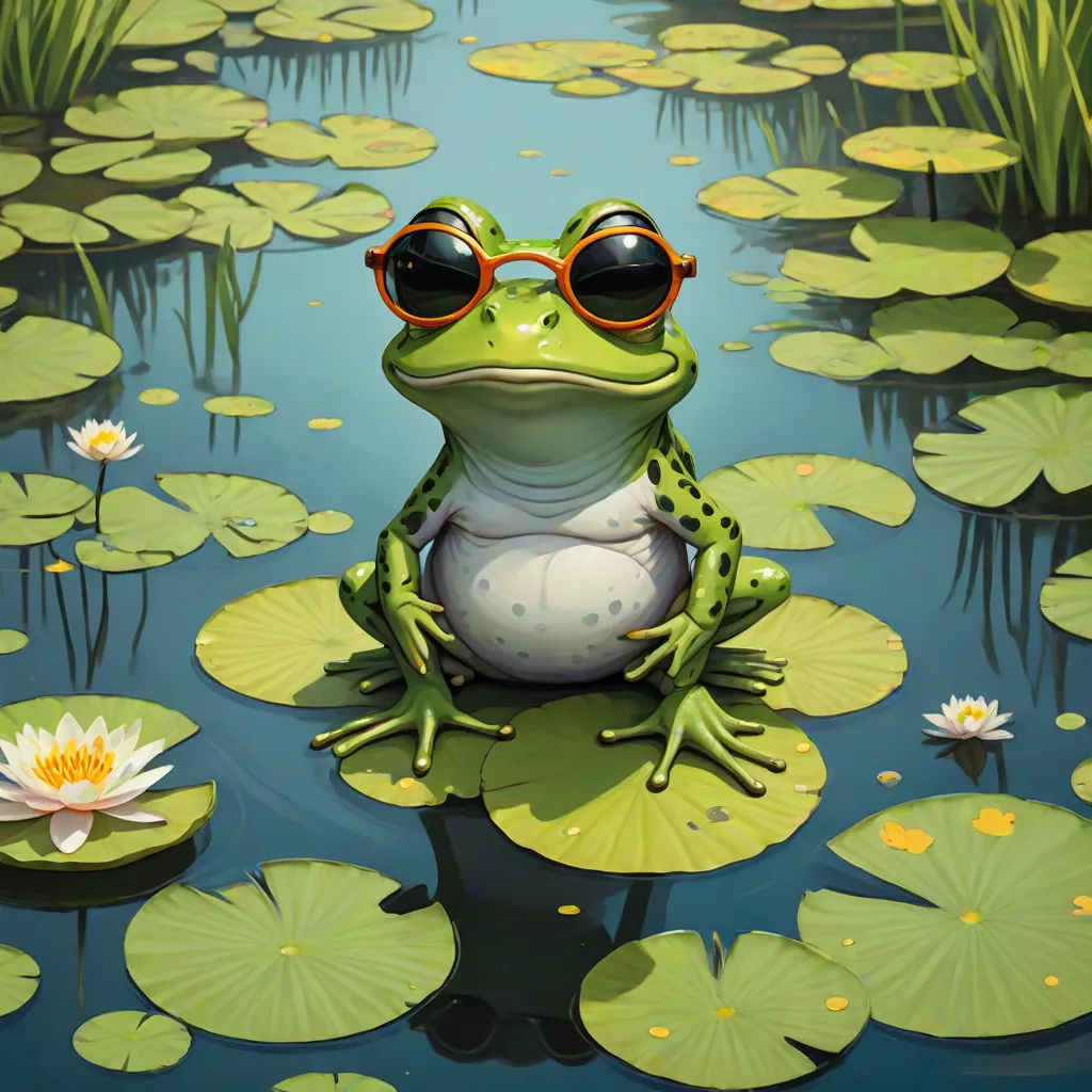 a frog with sunglasses sitting on a lily pad in a pond of water lilies and lily pads surrounding it, Chris LaBrooy, fantasy art, a fine art painting, highly detailed digital painting