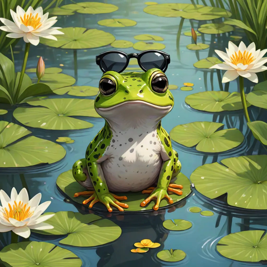 a frog with sunglasses sitting on a lily pad in a pond of water lilies and lily pads surrounding it, Anne Stokes, fantasy art, a 3D render, highly detailed digital painting