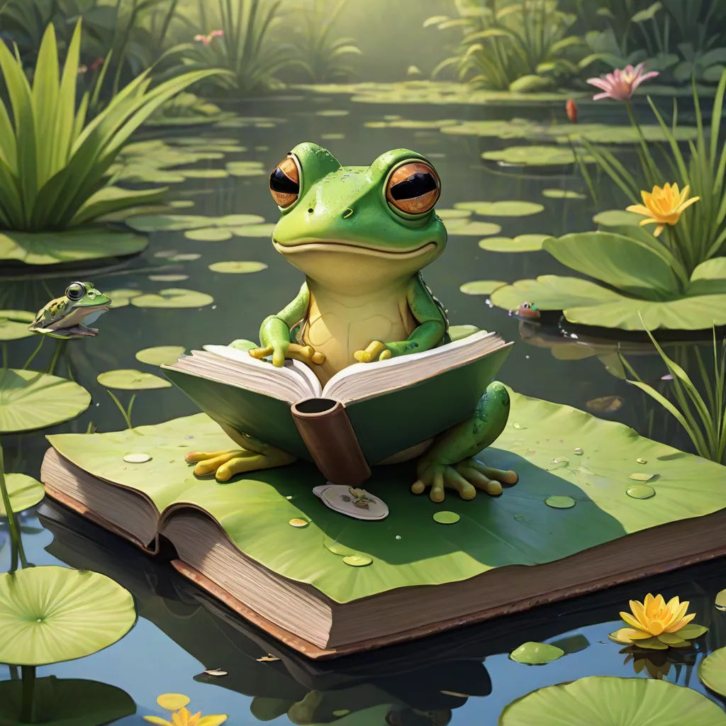 a frog sitting on a book in a pond of water lilies with lily pads surrounding it and a frog reading a book, Chris LaBrooy, fantasy art, a storybook illustration, storybook illustration