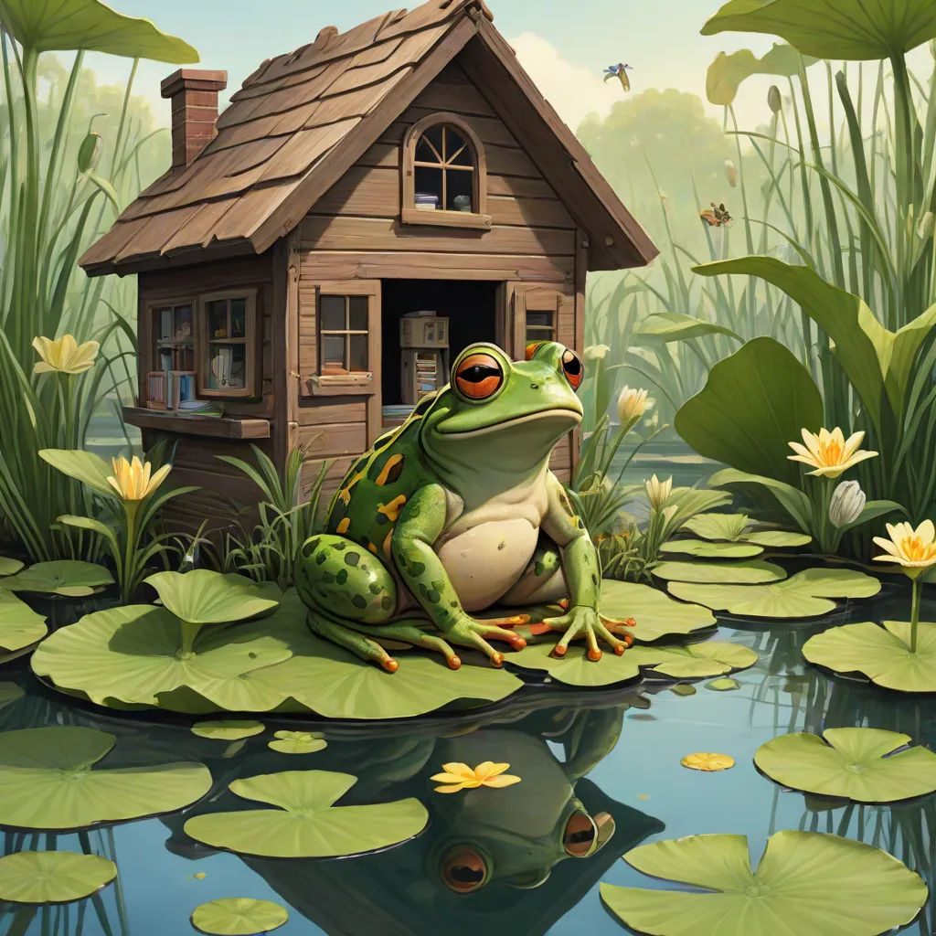 a frog sitting on a lily pad in front of a house with a pond and lily pads surrounding it, Chris LaBrooy, fantasy art, a storybook illustration, highly detailed digital painting