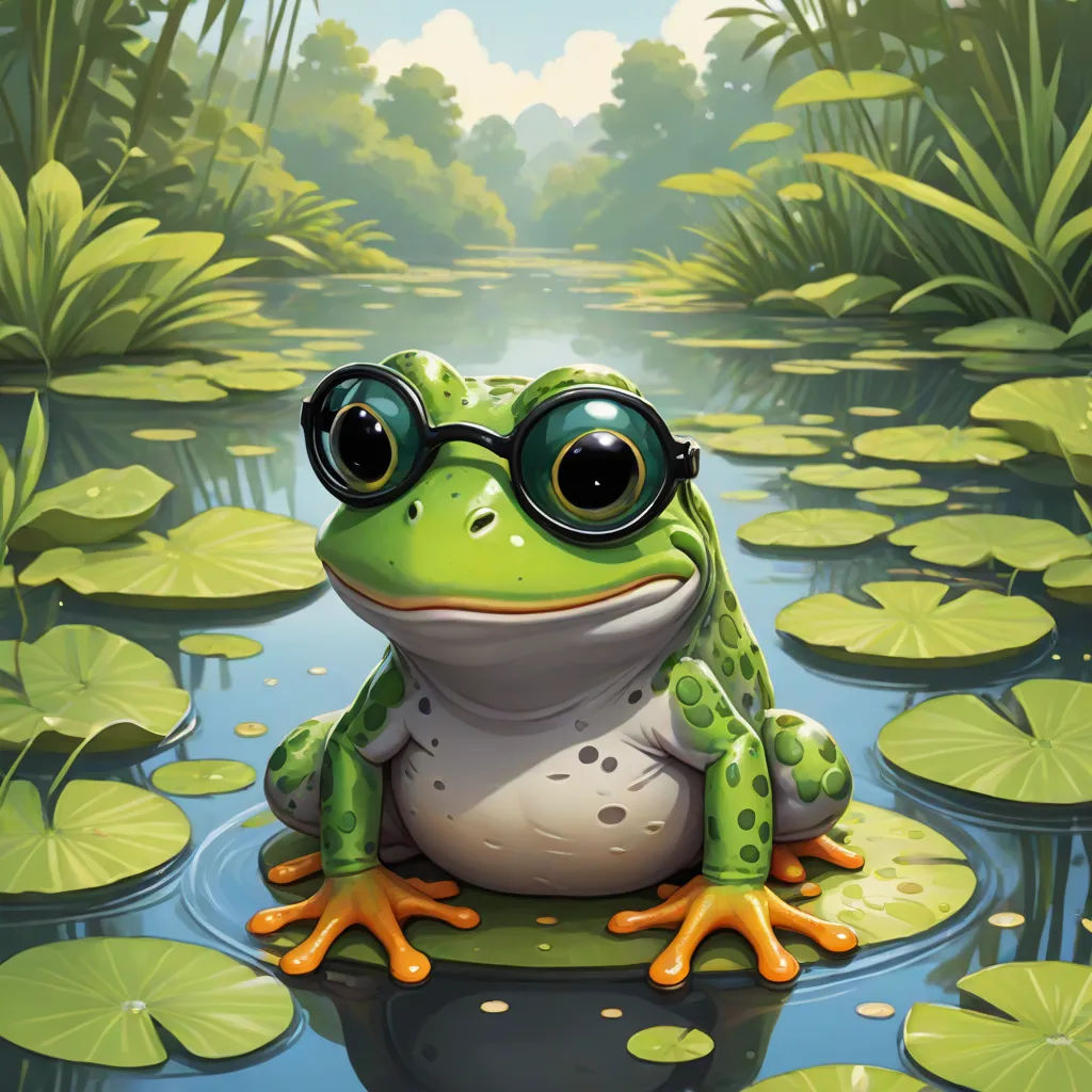 a frog with glasses sitting on a lily pad in a pond of water lilies and lily pads surround the frog, Andries Stock, altermodern, a fine art painting, magic the gathering artwork
