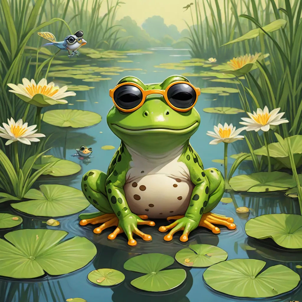 a frog with sunglasses sitting on a lily pad in a pond of water lilies and a bird flying in the background, Andries Stock, ecological art, a 3D render, highly detailed digital painting
