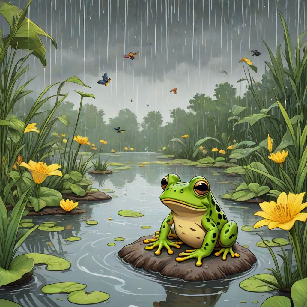 a frog sitting on a rock in a pond with lily pads and butterflies flying around it in the rain, Chris LaBrooy, environmental art, a storybook illustration, storybook illustration