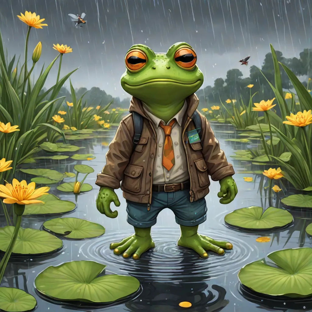 a frog in a jacket and tie standing in a pond of water with lily pads and a butterfly flying overhead, Chris LaBrooy, fantasy art, a storybook illustration, highly detailed digital painting