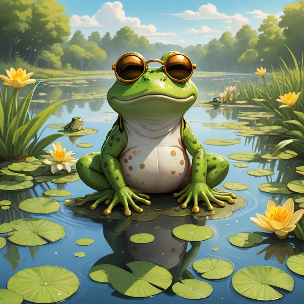 a frog with sunglasses sitting on a lily pad in a pond of water lilies and lily pads surround the frog, Chris LaBrooy, fantasy art, a digital painting, highly detailed digital painting