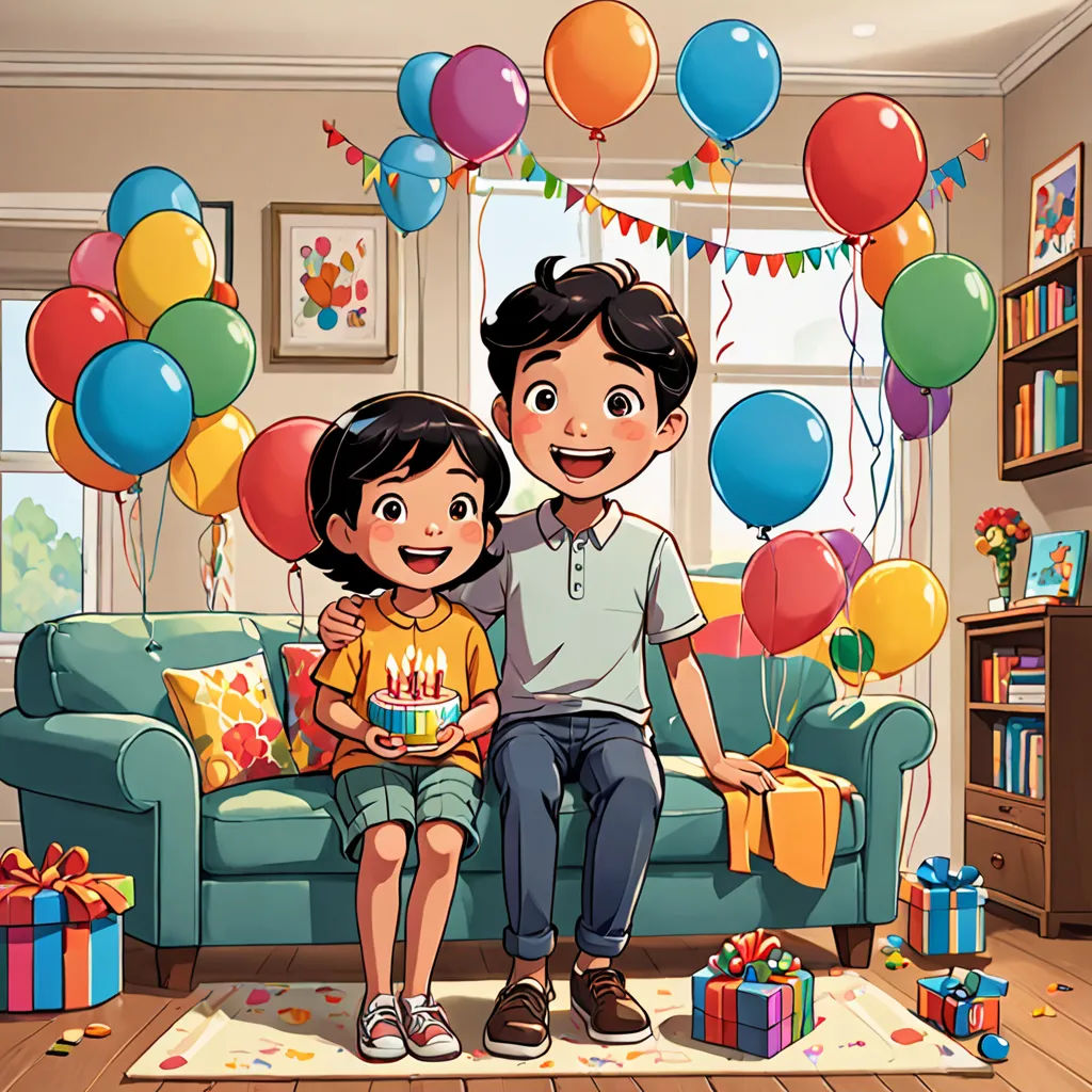 a boy and girl sitting on a couch with a birthday cake in front of them and balloons in the background, lyco art, a storybook illustration, Anthony Devas, official art
