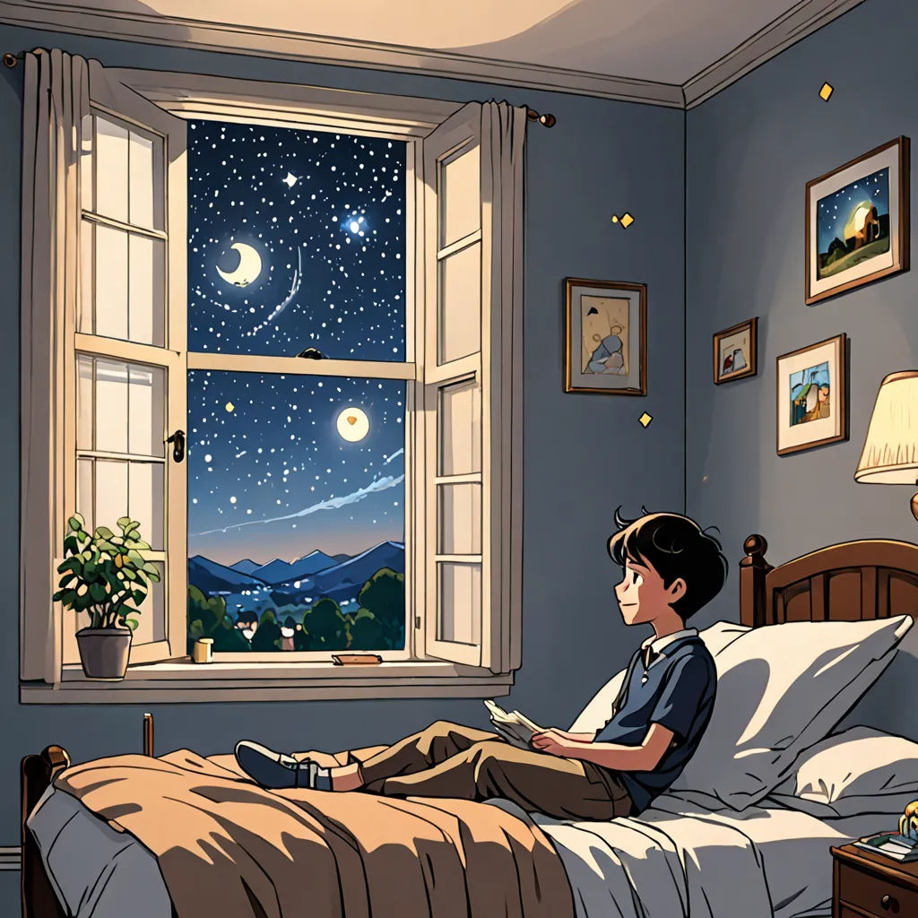 a boy is sitting in bed reading a book at night with the moon and stars in the sky above him, space art, a comic book panel, Asaf Hanuka, fireflies