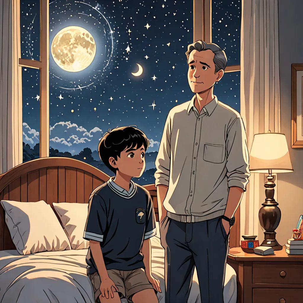 a man and a boy standing in a bedroom at night with the moon in the sky above them and a window with stars, space art, a comic book panel, Asaf Hanuka, moon