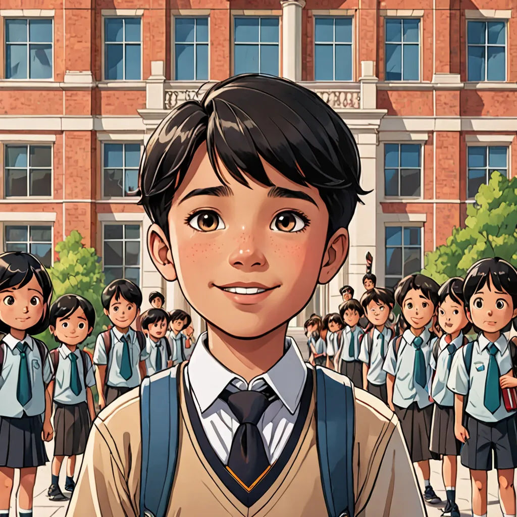 a boy in a school uniform standing in front of a group of school children in front of a building, vancouver school, a comic book panel, David Park, graphic novel