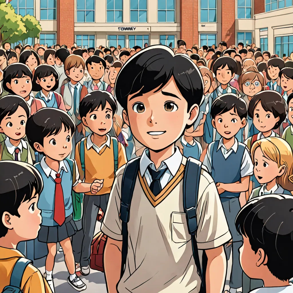 a boy in a school uniform standing in front of a crowd of children in front of a building with a clock, paris school, a comic book panel, Asaf Hanuka, yukito kishiro