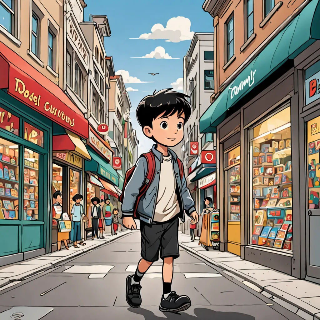 a boy walking down a street in front of a store front with a backpack on his back and a backpack on his shoulder, underground comix, a comic book panel, Asaf Hanuka, comic book