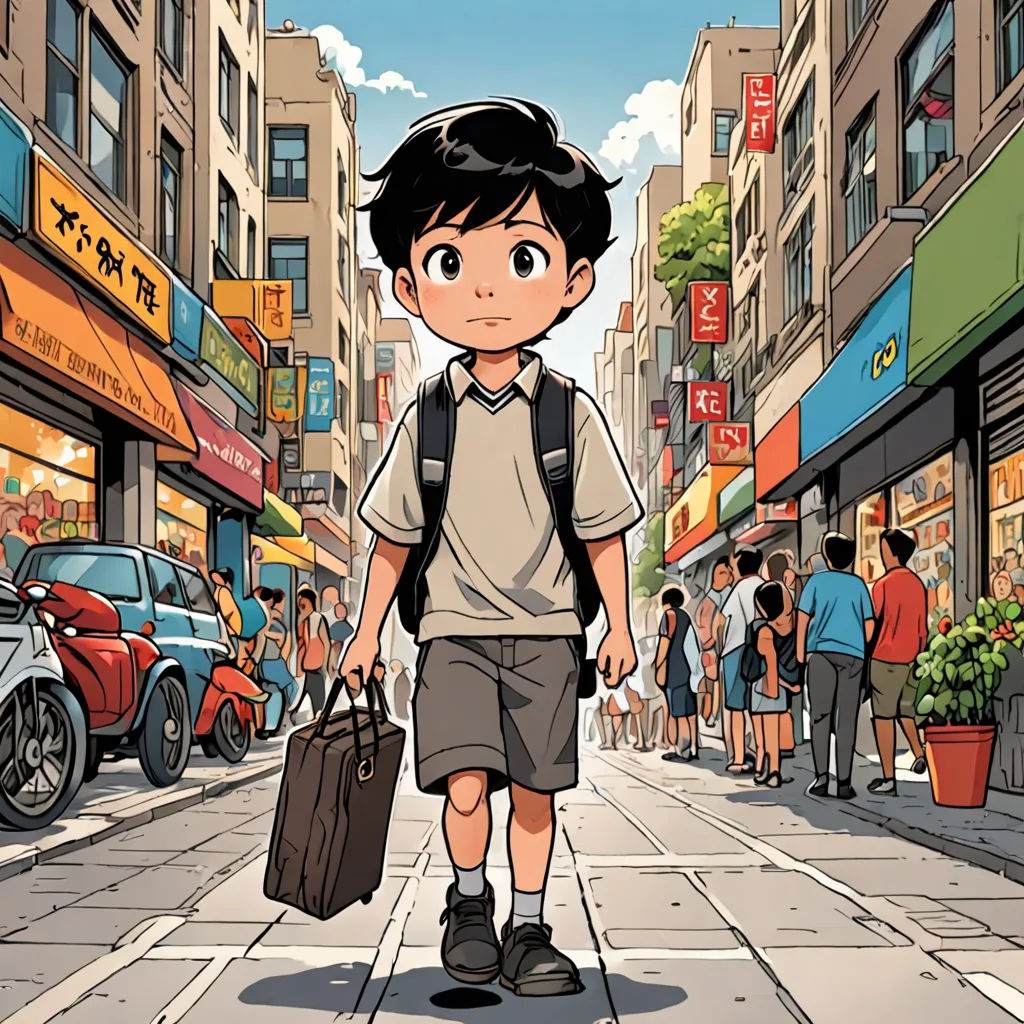a boy walking down a street with a bag and briefcase in his hand and a lot of people walking around, photorealism, a comic book panel, Asaf Hanuka, yukito kishiro