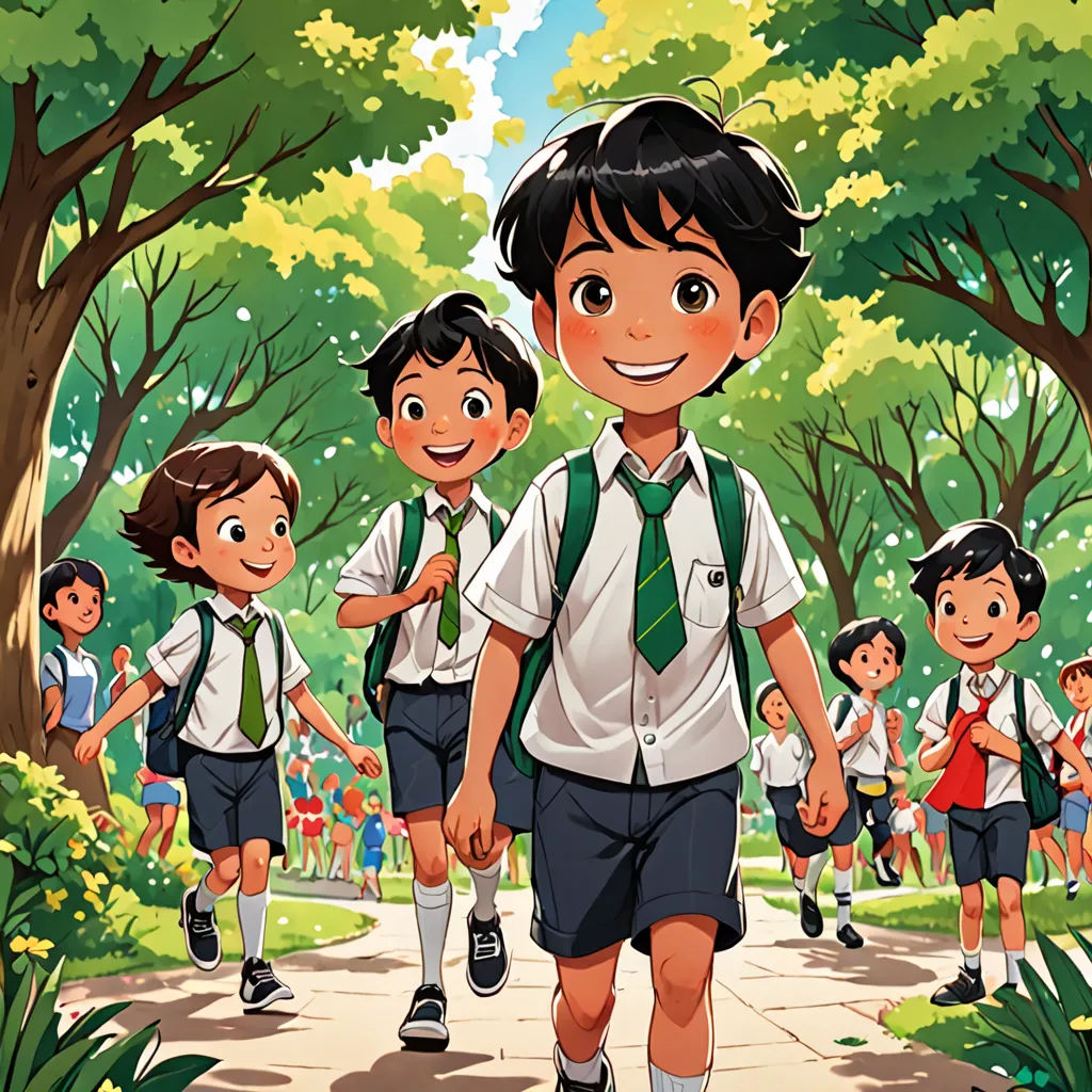 a group of children walking down a path in a park with trees and bushes behind them, with a boy in a green tie and a white shirt, danube school, a storybook illustration, Asaf Hanuka, official art