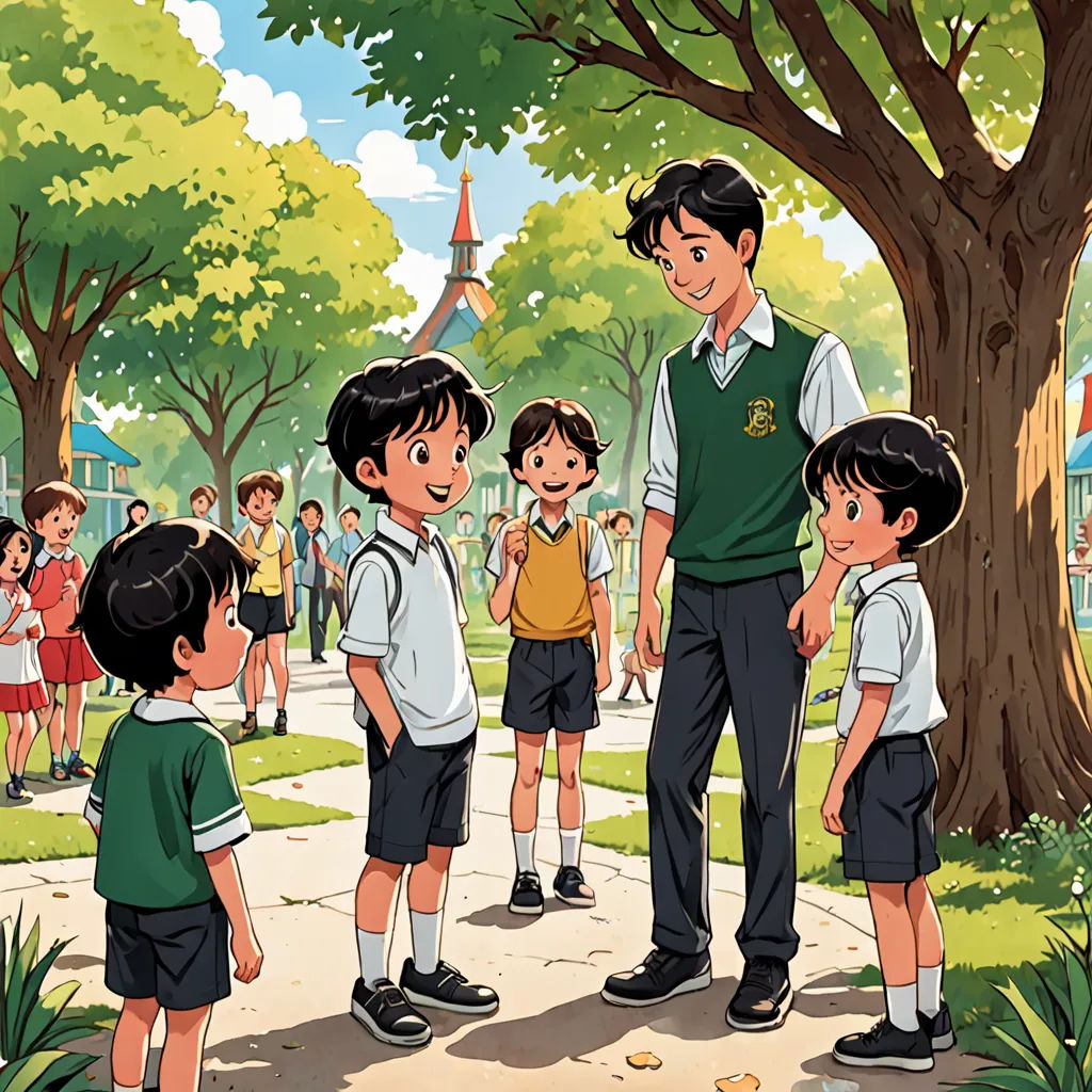 a man standing in front of a group of children in a park with a tree in the background and a crowd of people standing around him, vancouver school, a storybook illustration, Choi Buk, official art