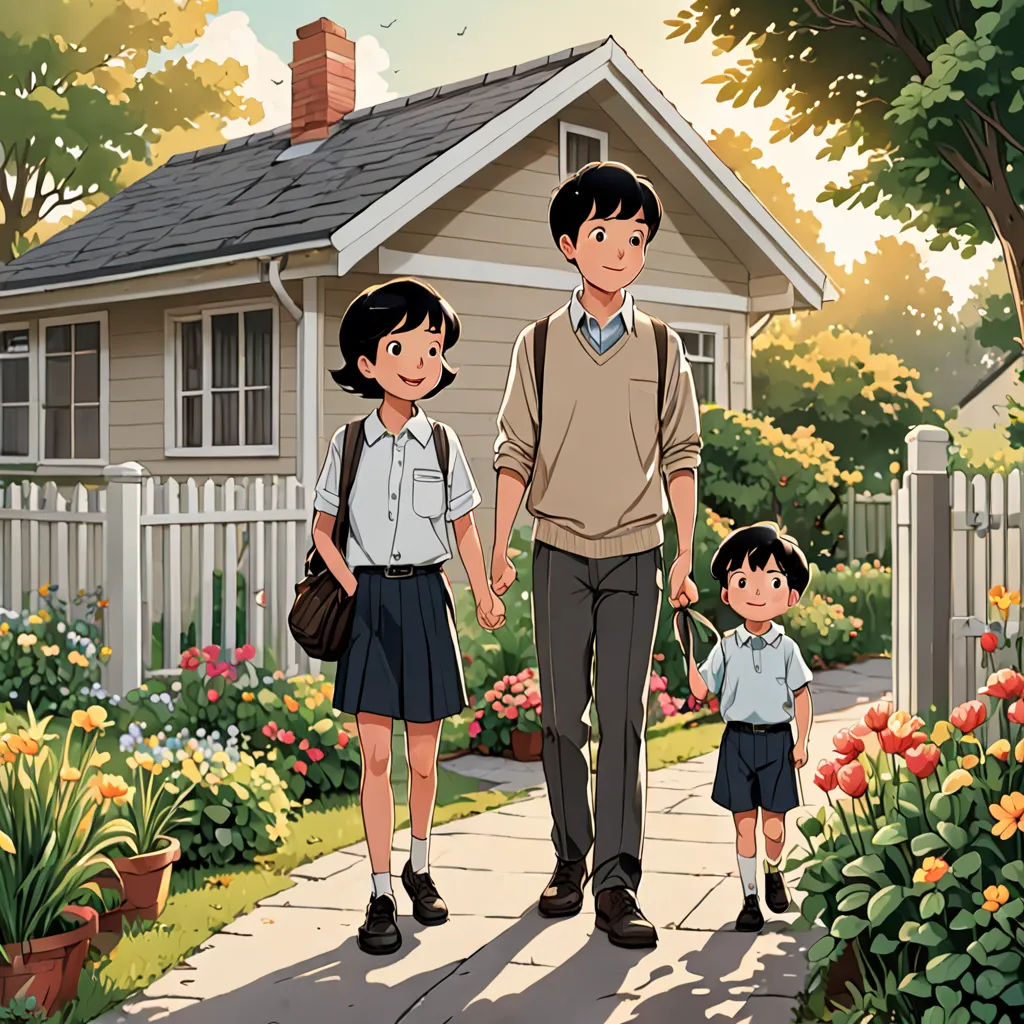 a man and a woman walking down a sidewalk with a child in front of a house and flowers in the yard, vancouver school, a storybook illustration, Cliff Childs, official art