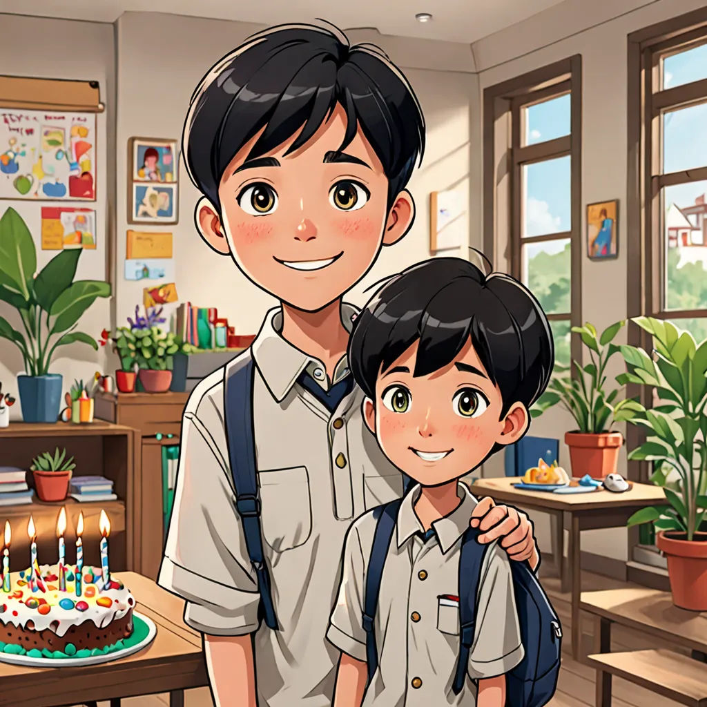 a man and a boy standing in front of a cake with candles on it in a room with plants, paris school, a comic book panel, Chen Hong, official art