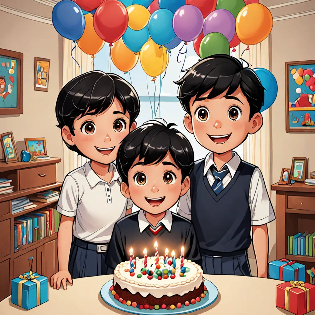 a group of children standing in front of a birthday cake with candles on it and balloons in the background, lyco art, a storybook illustration, Chen Lin, official art