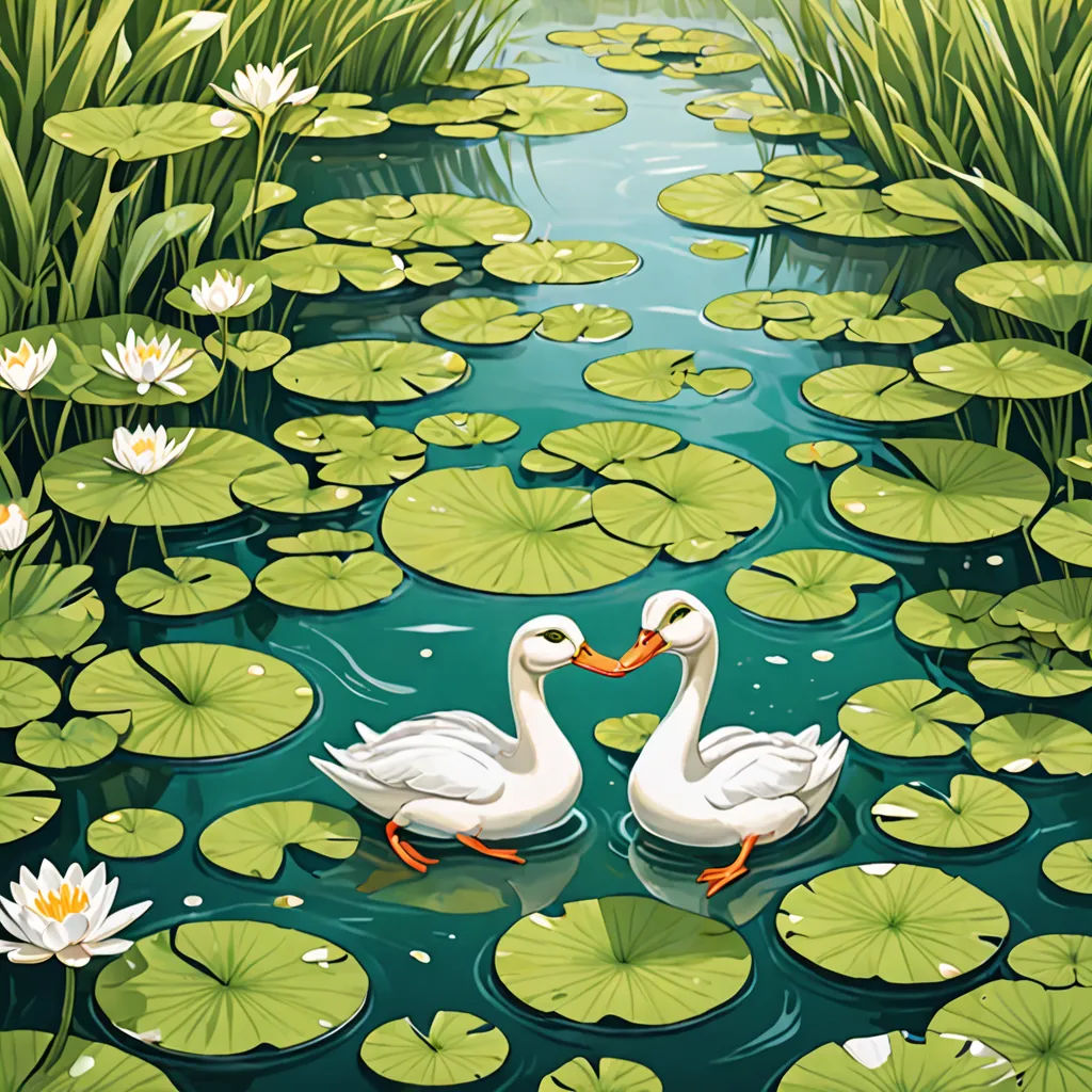 two white swans swimming in a pond with lily pads and water lilies on the water's edge, environmental art, a storybook illustration, Chris LaBrooy, storybook illustration