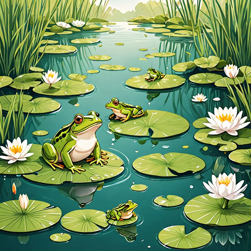 a frog and a frog sitting on lily pads in a pond with lily pads and water lilies in the foreground, fantasy art, a storybook illustration, Andries Stock, highly detailed digital painting