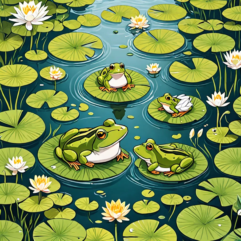 a painting of two frogs sitting on lily pads in a pond with lily pads around them and lily pads around them, ecological art, a storybook illustration, Andries Stock, storybook illustration