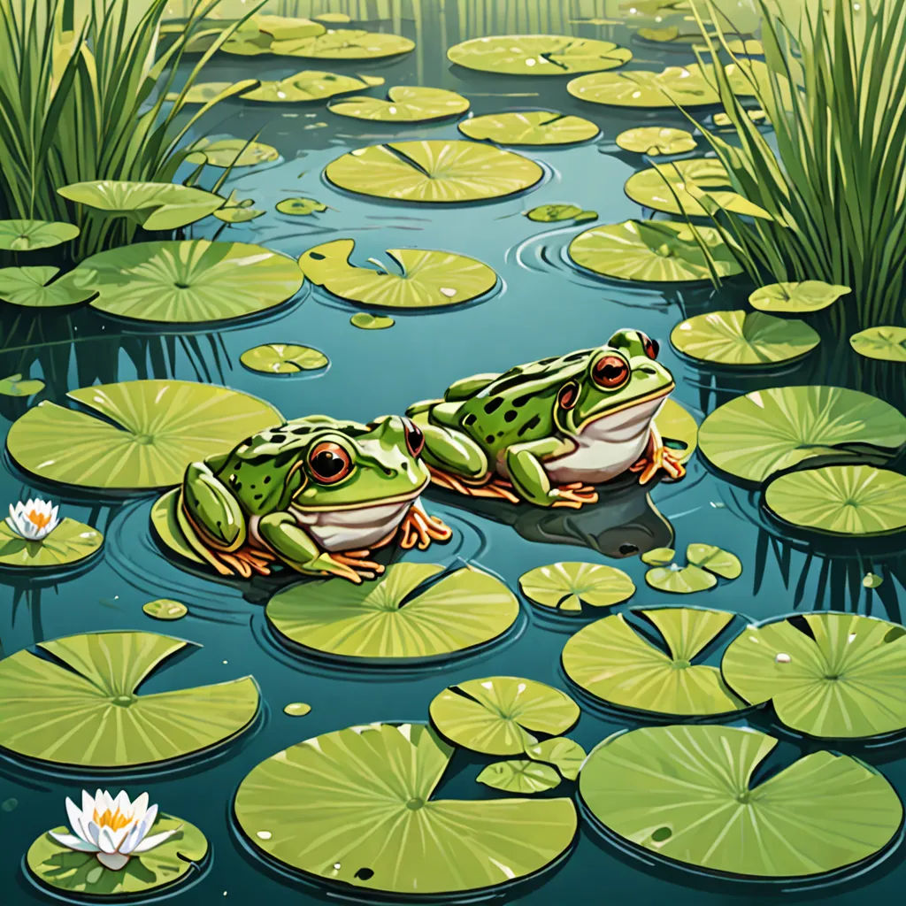 a frog sitting on top of a lily covered pond next to lily pads and lily pads on the water, fantasy art, a storybook illustration, Andries Stock, highly detailed digital painting