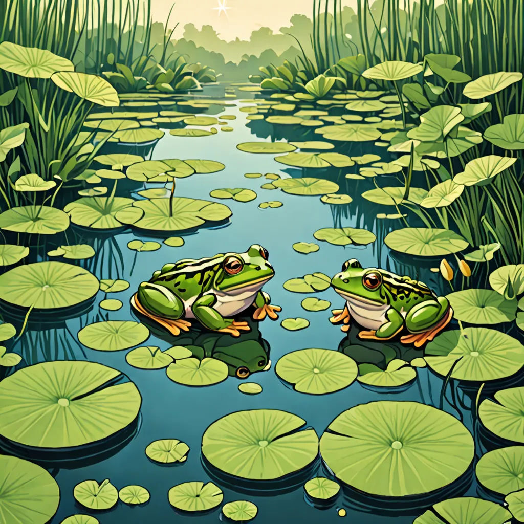 two frogs sitting on lily pads in a pond with lily pads in the water and a star above them, ecological art, a storybook illustration, Arie Smit, highly detailed digital painting