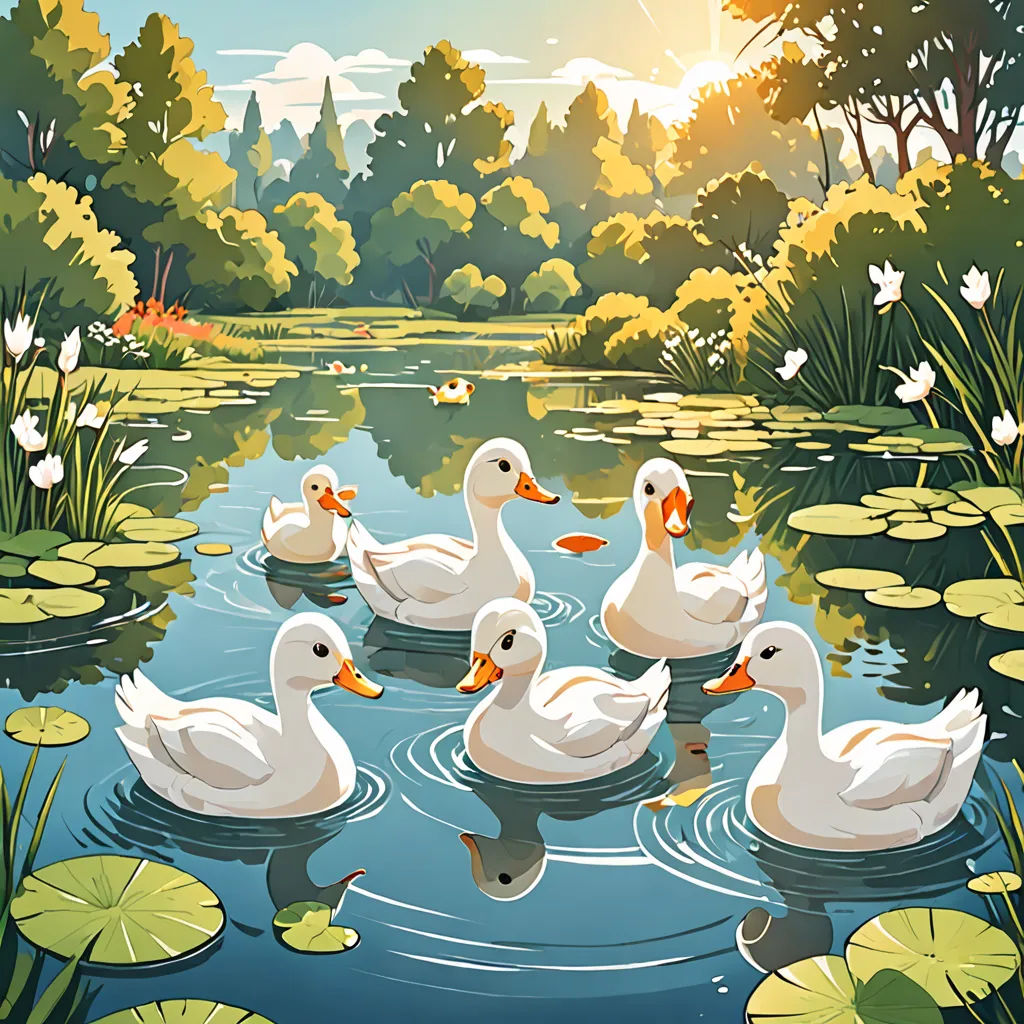 a group of ducks swimming in a pond with lily pads and lily pads on the water's surface, environmental art, a storybook illustration, Chris LaBrooy, rossdraws global illumination