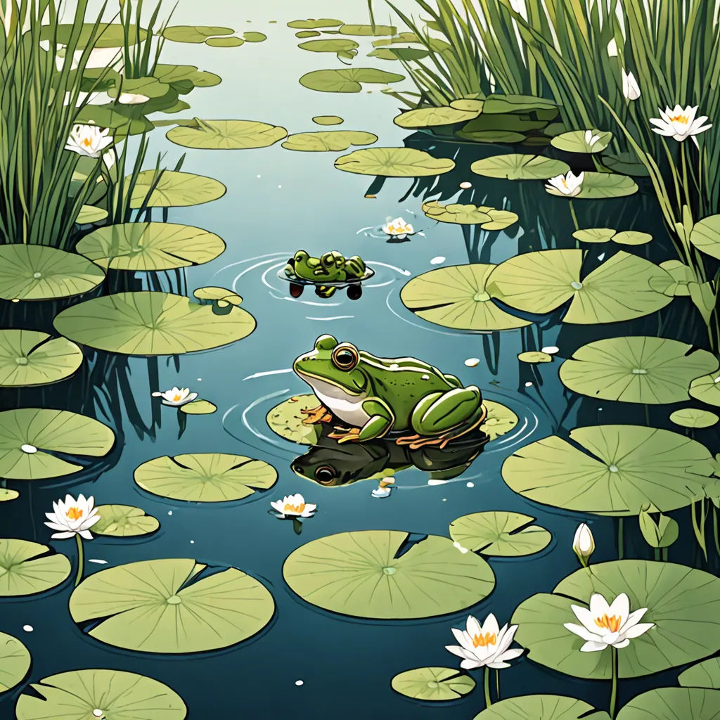 a frog is sitting on a lily pad in a pond of water lilies and lily pads are surrounding the frog, environmental art, a storybook illustration, Asaf Hanuka, storybook illustration
