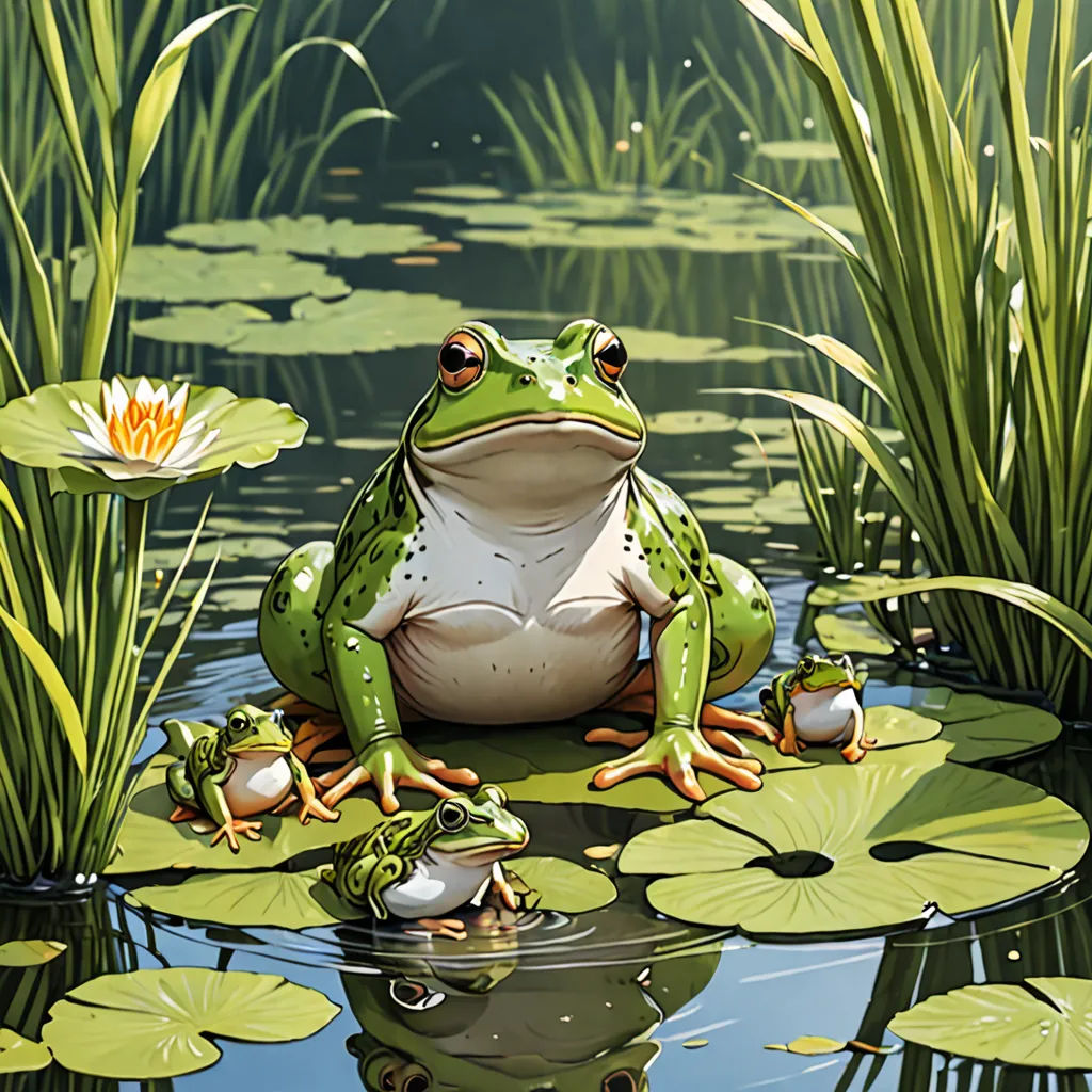 a frog sitting on a lily pad in a pond with lily pads around it and a yellow flower in the background, fantasy art, a storybook illustration, Andries Stock, highly detailed digital painting