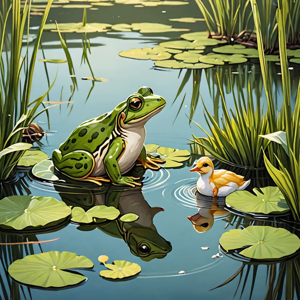 a frog and a duck are in a pond with lily pads and water lillies on the water's surface, american scene painting, a storybook illustration, Chris LaBrooy, highly detailed digital painting