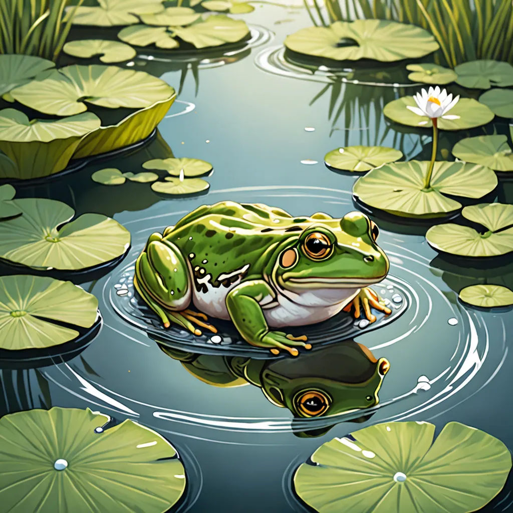 a frog is sitting on a lily pad in the water with lily pads around it and a lily pad in the water, fantasy art, a detailed painting, Andries Stock, highly detailed digital painting