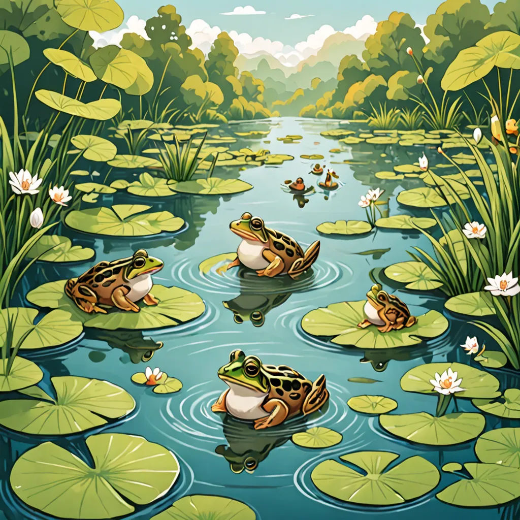 a painting of frogs in a pond with lily pads and lily pads on the water, with lily pads floating in the water, magical realism, a storybook illustration, Chris LaBrooy, storybook illustration