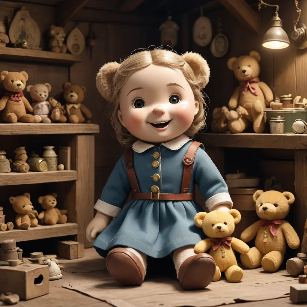 a doll with a blue dress and a teddy bear in a room full of teddy bears and other toys, arts and crafts movement, a storybook illustration, Beatrix Potter, promotional image