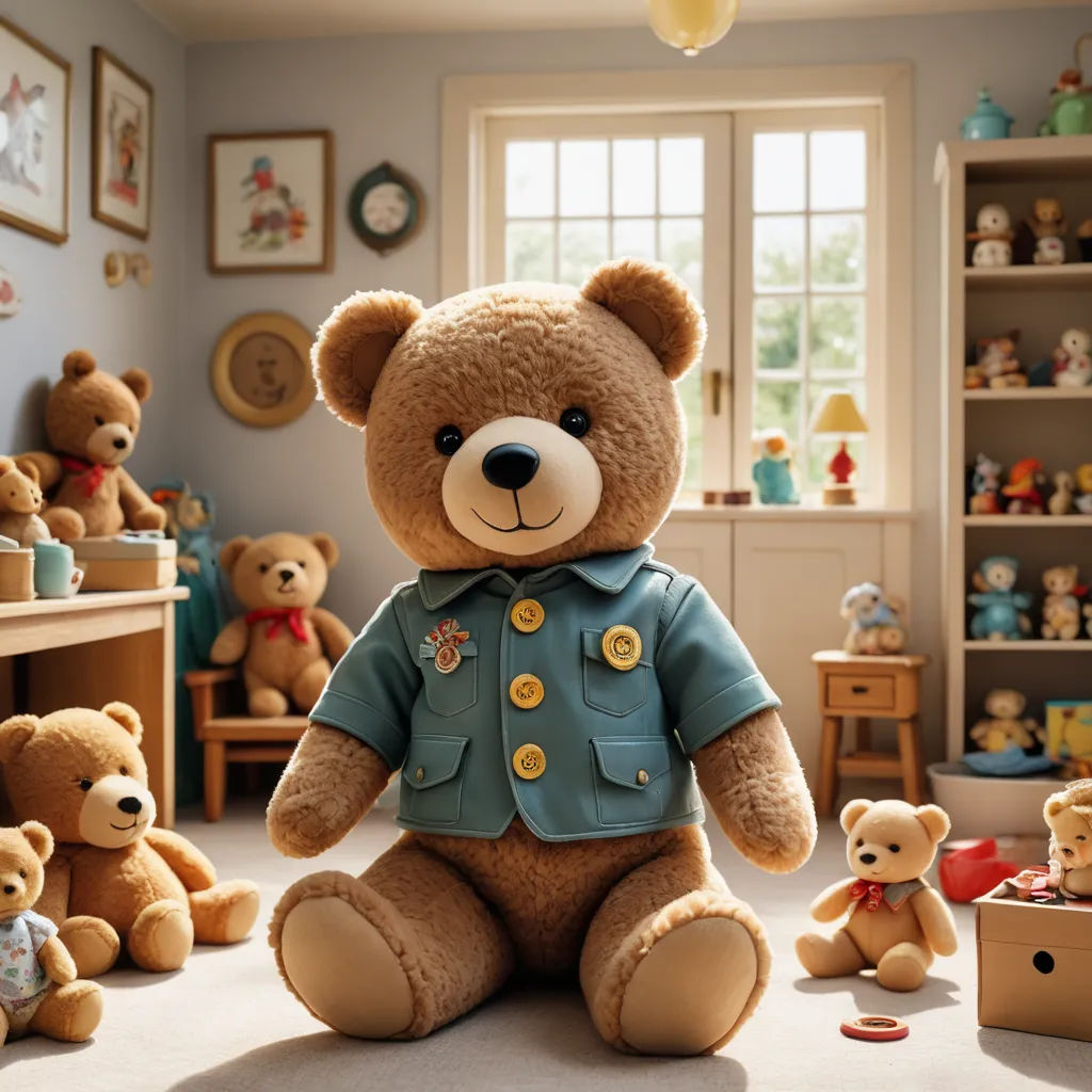 a teddy bear sitting in a room with other teddy bears around it and a window in the background with a teddy bear in the middle, photorealism, a tilt shift photo, Chris LaBrooy, promotional image