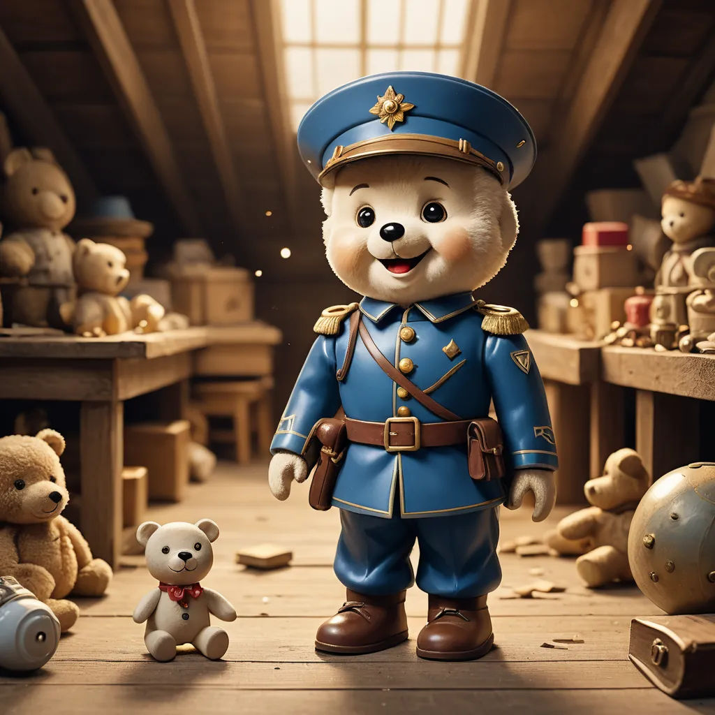 a teddy bear dressed in a blue uniform and a teddy bear in a room full of teddy bears and toys, photorealism, a character portrait, Chris LaBrooy, promotional image